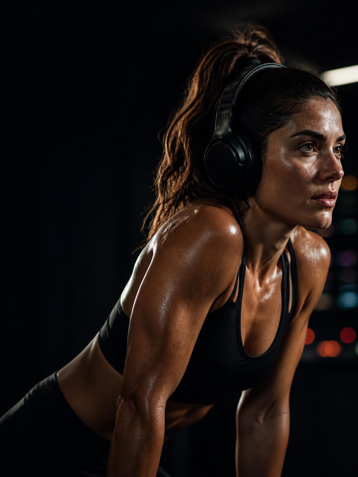 Athlete training intensely while wearing over-ear headphones