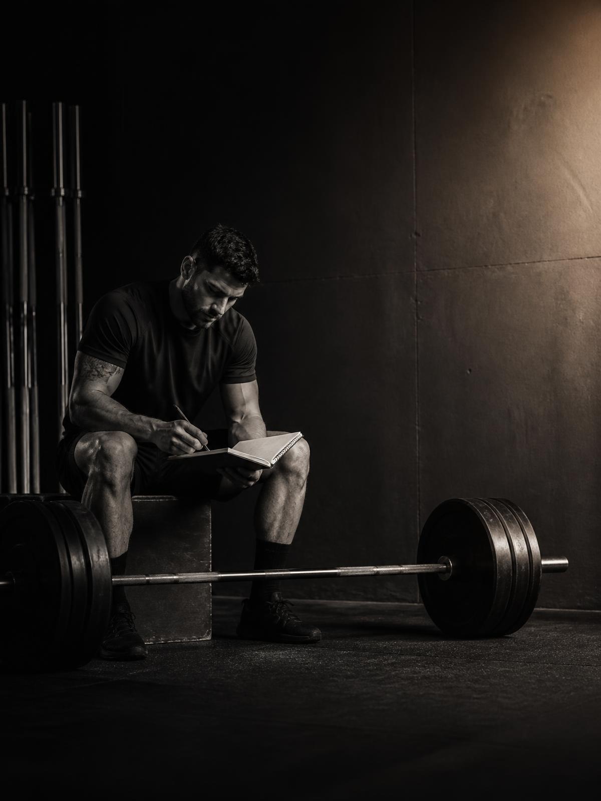 Loaded barbell and structured training plan on a gym floor