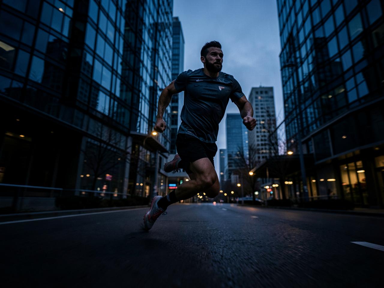 Runner sprinting down an outdoor city path under a modern glass canopy